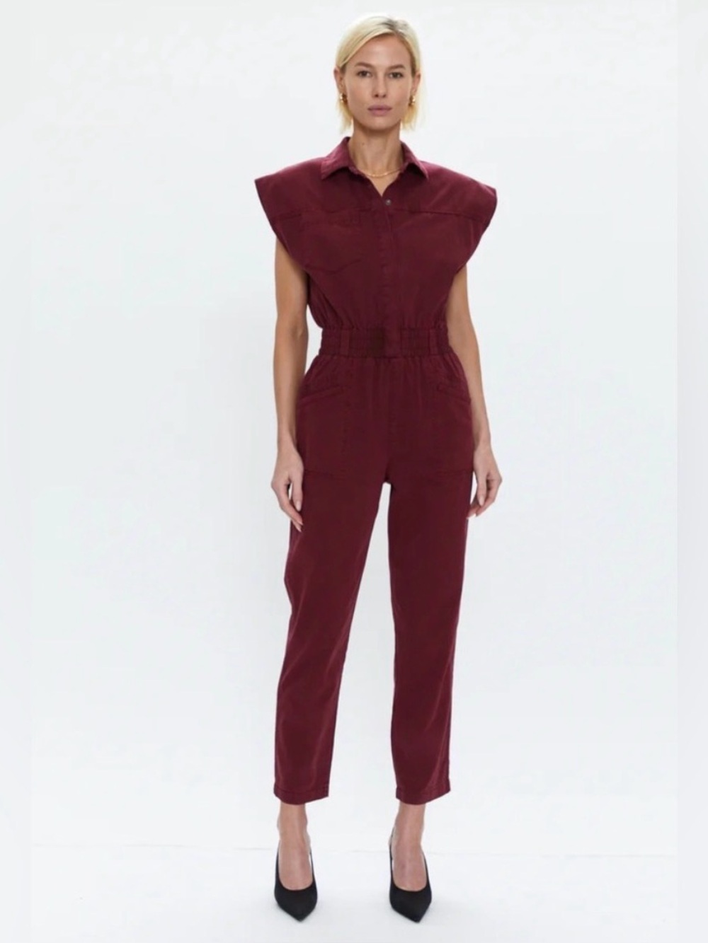 Pistola Revolve Rosie Smocked Waist Denim Jumpsuit in Bordeaux Small
